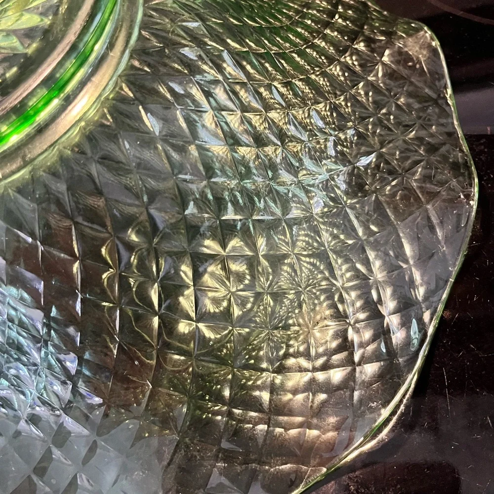 Vintage Emerald Green Diamond Point Art Glass Basket Bowl 12”